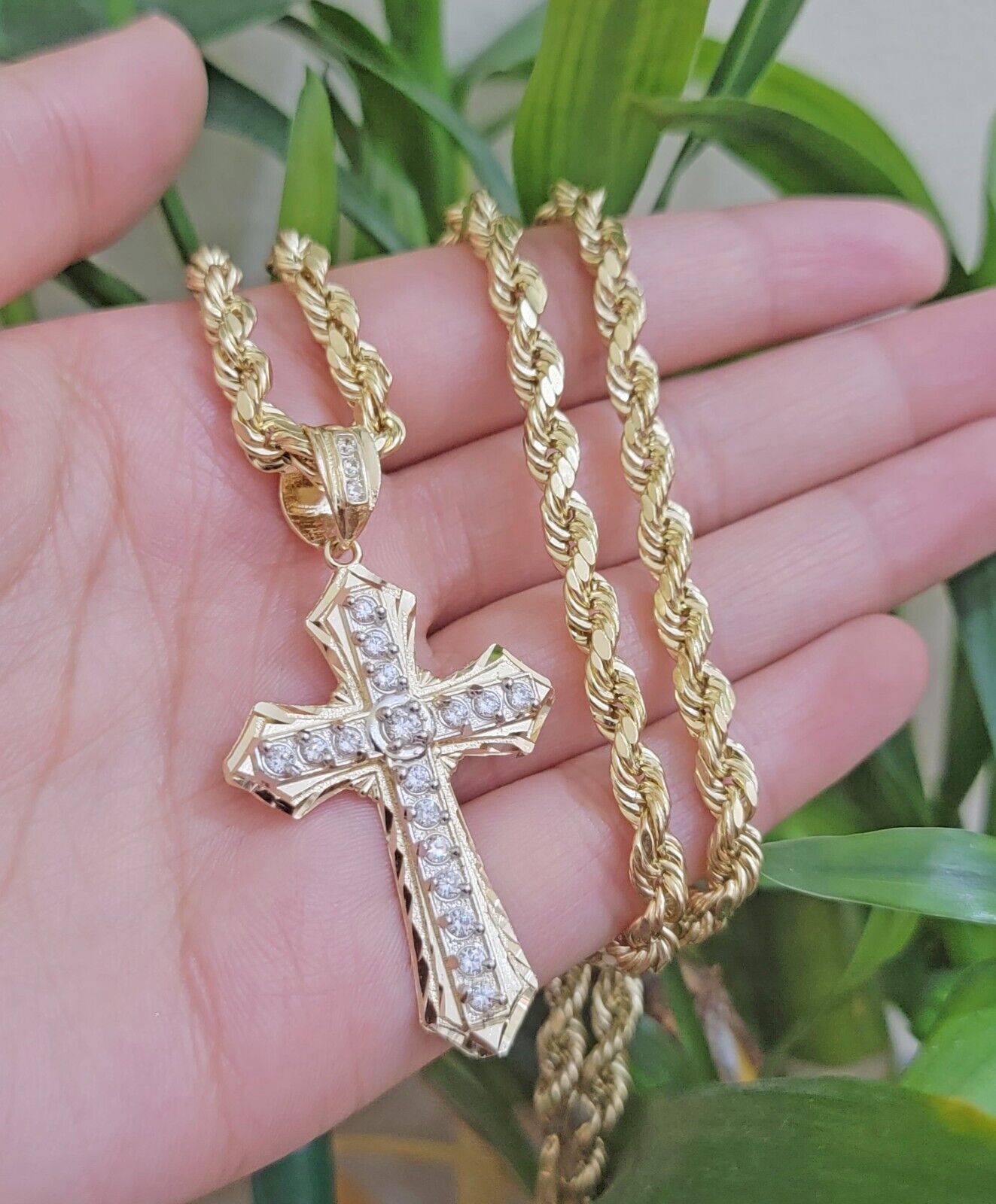 10k Gold Rope Chain Necklace & Cross Charm Pendant Set 28" inch 5mm, REAL 10kt - GoldenlinQ
